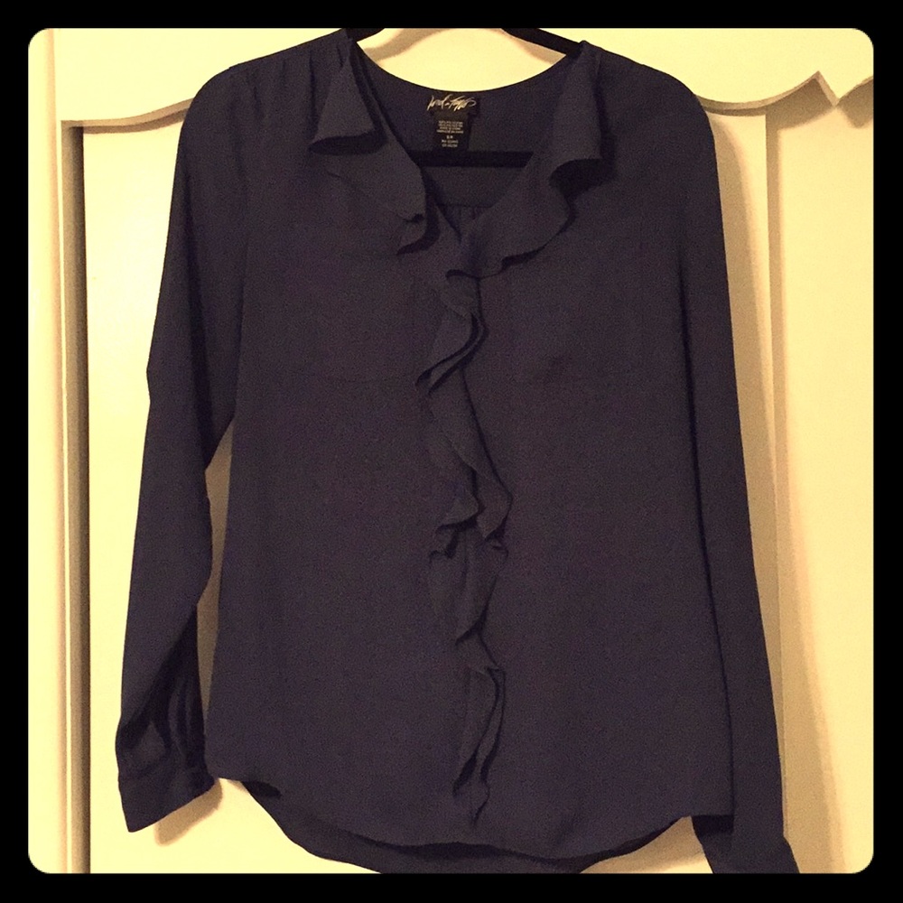 Lord & Taylor navy blue ruffle blouse